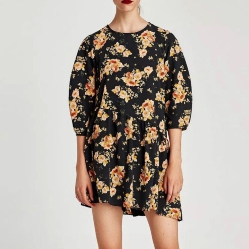 Zara Basic Collection Playsuit Romper Faux Mini Dress Puff Sleeves Floral Medium